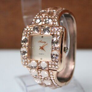 Aixin Quartz Womens Bracelet Watch Rose Gold Tone Rhinestone Crystal Square Face